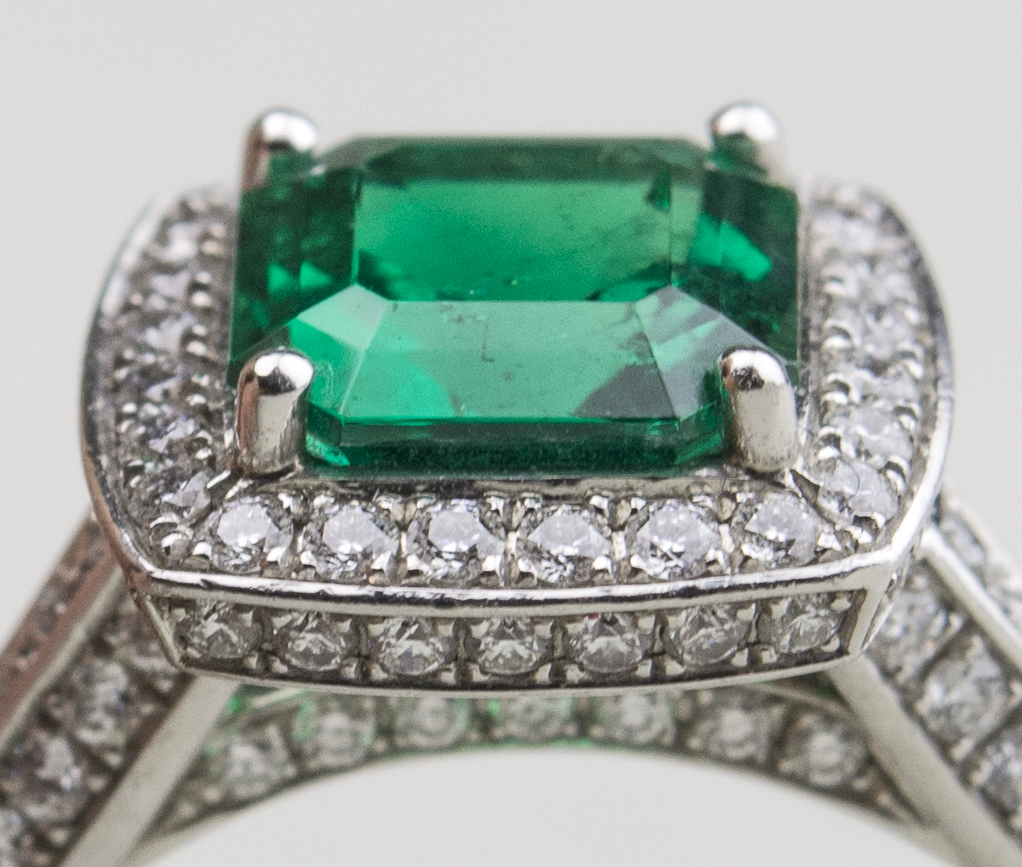 Platinum and diamond ring with square emerald weighing 1.58 carats, est. $5,000-$7,000
