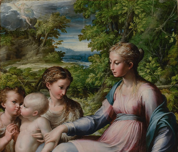 Virgin with Child, St. John the Baptist, and Mary Magdalene (about 1530-40). Parmigianino (Francesco Mazzola, Italian, 1503-1540). Oil on paper, laid down on panel, 75.5 x 59.7 cm (29 ½ x 23 ½ in.) . Courtesy of Sotheby’s