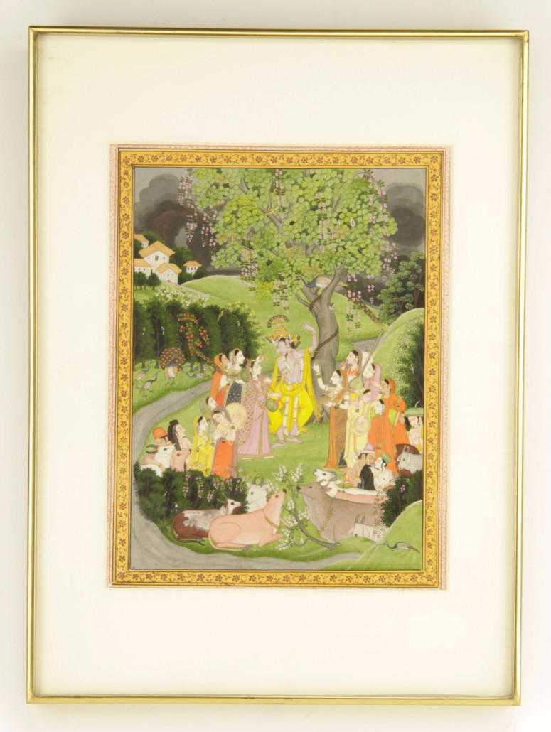 ‘Krishna Dances for the Gopis,’ illuminated illustration from the ‘Bhagavata Purana,’ from Pahari, Kangra, India, circa 1800. Price realized: $55,200. Kaminski Auctions image