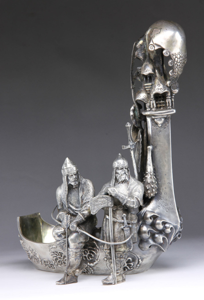 Russian solid silver kovsh, 19th century, signed on base ‘P. Ovchinkova.’ Price realized: $16,800. Kaminski Auctions image