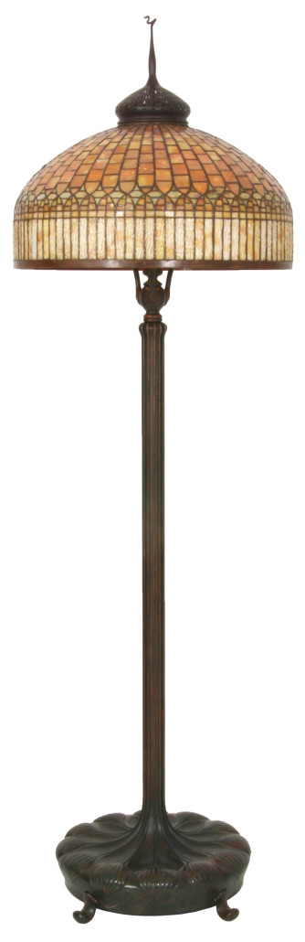 Tiffany Studios curtain border floor lamp with a 24-inch domical shade having a geometric staggered brick pattern at the top (est. $50,000-$75,000). Fontaine's Auction Gallery image