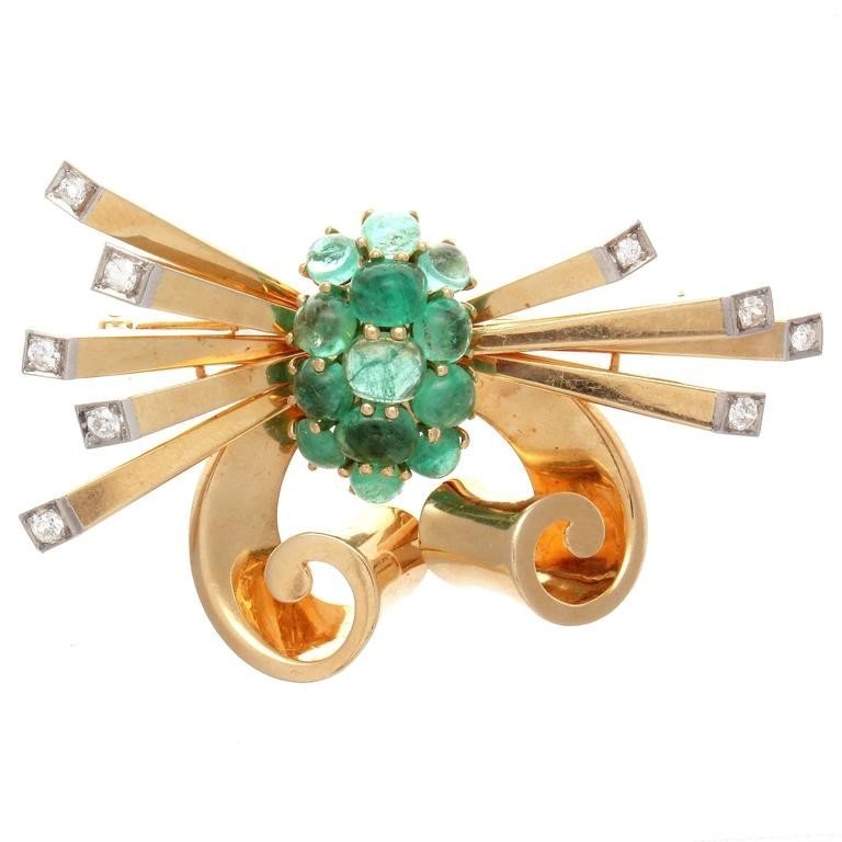 Bow brooch, 14K gold, with green emeralds and white diamonds, est. $3,000-$3,750. Jasper52 image