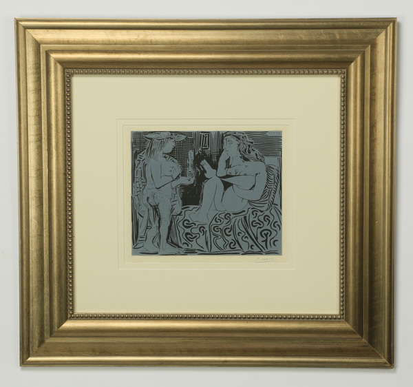 Pablo Picasso linocut on paper titled ‘Two Women,’ artist signed in pencil 'Picasso' at lower right, 30 inches by 32 inches including frame. Great Gatsby’s Auction Gallery image