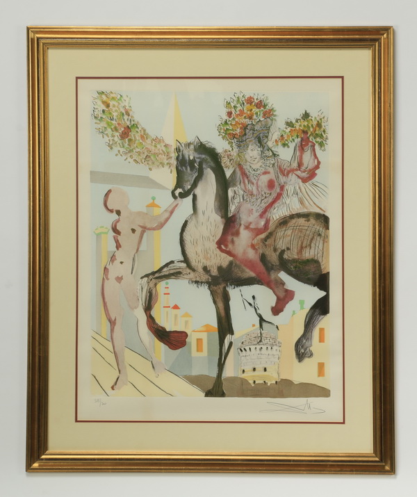 Salvador Dali (Spanish, 1904-1989) color lithograph with applied gilding titled ‘The Harbinger’ from ‘The New Jerusalem Suite,’ artist signed. Great Gatsby’s Auction Gallery image