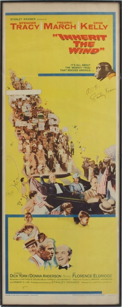 "Inherit the Wind' movie poster insert autographed by director Stanley Kramer. Image courtesy of LiveAuctioneers.com archive and Heritage Auctions