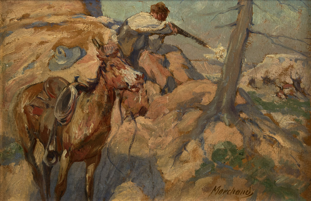 This small work by John Marchand (1875-1921, Westport, Conn.) was one of a few Western-genre artworks in the Studio Auction that rounded up stellar prices. It sold for $3,300.