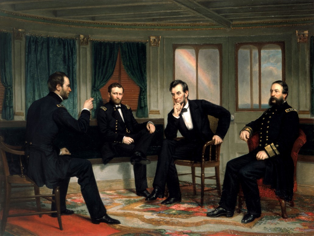 White House copy of the lost circa-1868 painting 'The Peacemakers' by George P.A. Healy (1818-1894). Depicts (l. to r.) Sherman, Grant, Lincoln and Porter. Source: White House Historical Association.
