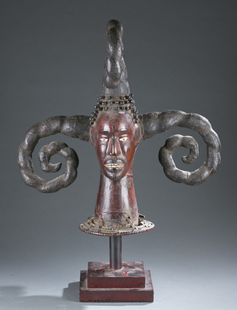 Skin-covered headdress with curled horns, Nigeria, Ejagham, 20th century, est. $3,000-$5,000