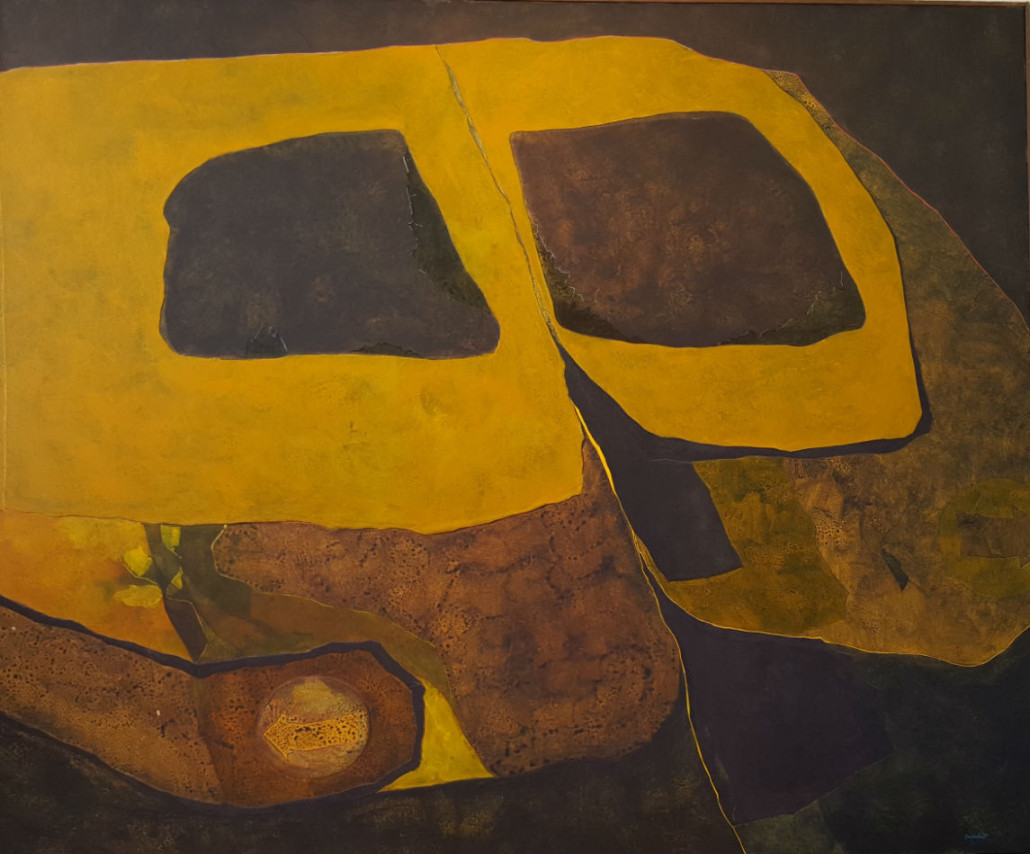 Dan Concholar, Yellow Bus Series, acrylic and collage on canvas, 48 x 58 inches. Price realized: $6,875. Carlyle Auctions image 