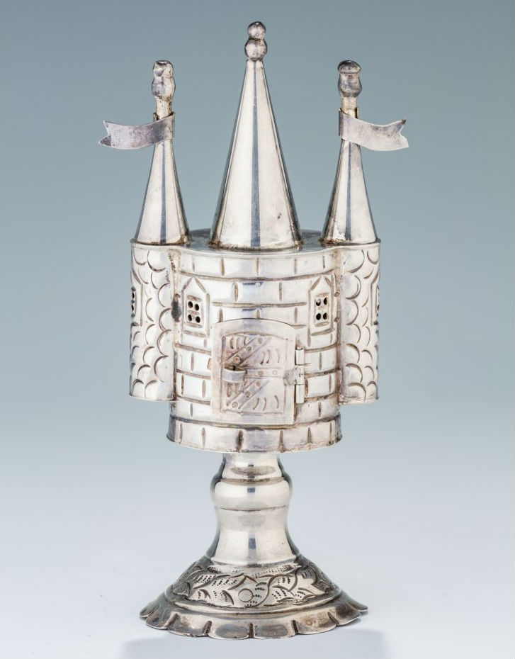 Sterling silver spice tower, Mexico, circa 1970, 6 1/2 inches high. This tower was given to Reb Shlomo and Neila at their sheva brachot as a wedding gift. Estimate $3,000–$5,000. J. Greenstein & Co. image