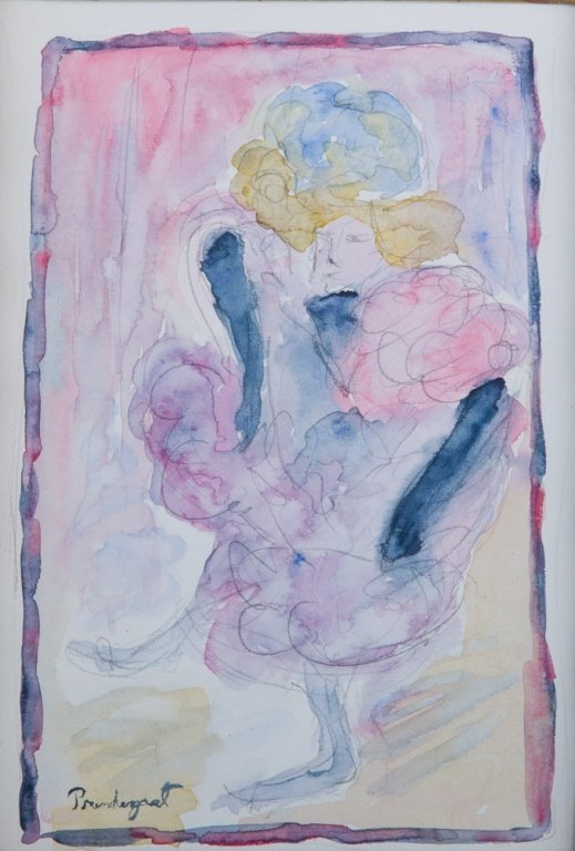 Maurice Prendergast (American, 1858-1924) watercolor and pencil on paper depicting a cancan dancer, measures approximately 15 3/4 x 13-3/4 inches with elaborately carved frame. Estimate: $8,000-$12,000. Bremo Auctions image