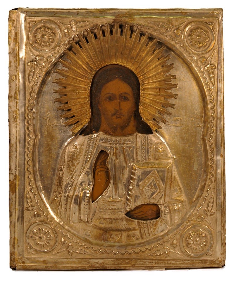 Russian Orthodox icon of Christ Pantocrator, or Christ the Teacher, in brass, circa 1890. Egg tempera on gessoed wood, 10.6 inches x 8.6 inches. Estimate: $275-$325. Jasper52 image