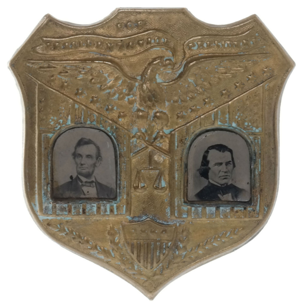 Rare Abraham Lincoln and Andrew Johnson shield pin. Estimate: $20,000-$30,000. Roland Auctions image 