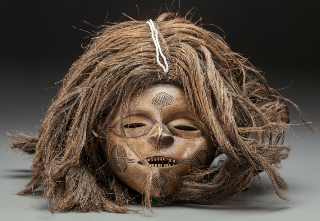 Lwena /Lovale mask, Angola, Zambia. Wood, fiber and beads, 8 1/2 inches. Estimate: $4,000-$6,000. Heritage Auctions image