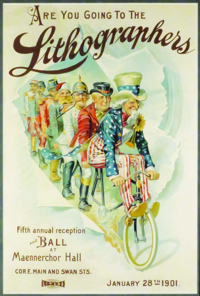 Lovely paper sign advertising the 1901 Lithographers Ball. Showtime Auction Services image