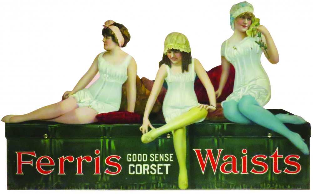 Possibly one of a kind Ferris Waists brand corsets tin sign. Showtime Auction Services image