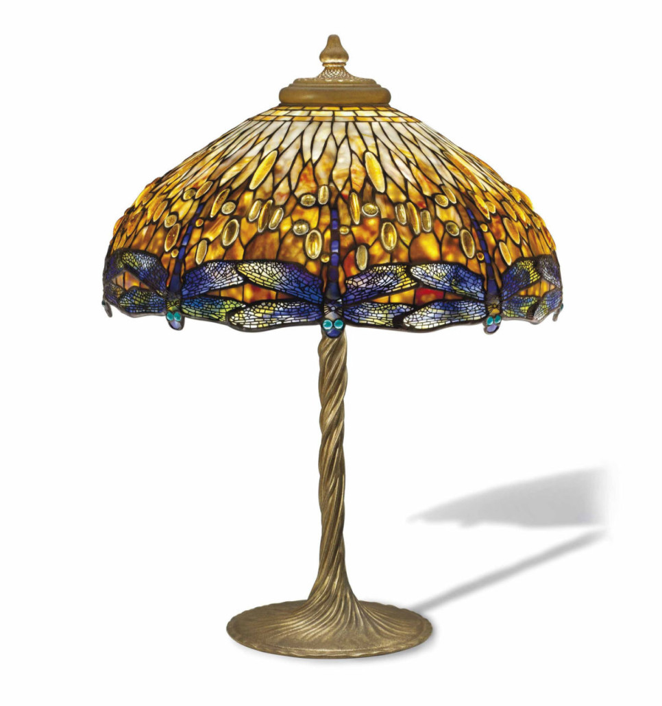 Perfectly suited to the shade’s shape, dragonflies were a popular motif that Tiffany adapted to several lamp designs. From the Malakoff collection, this example has the desirable dropped heads that extend below the bottom rim of the shade and brought $245,000 at Christie’s in December 2014. Courtesy Christie’s