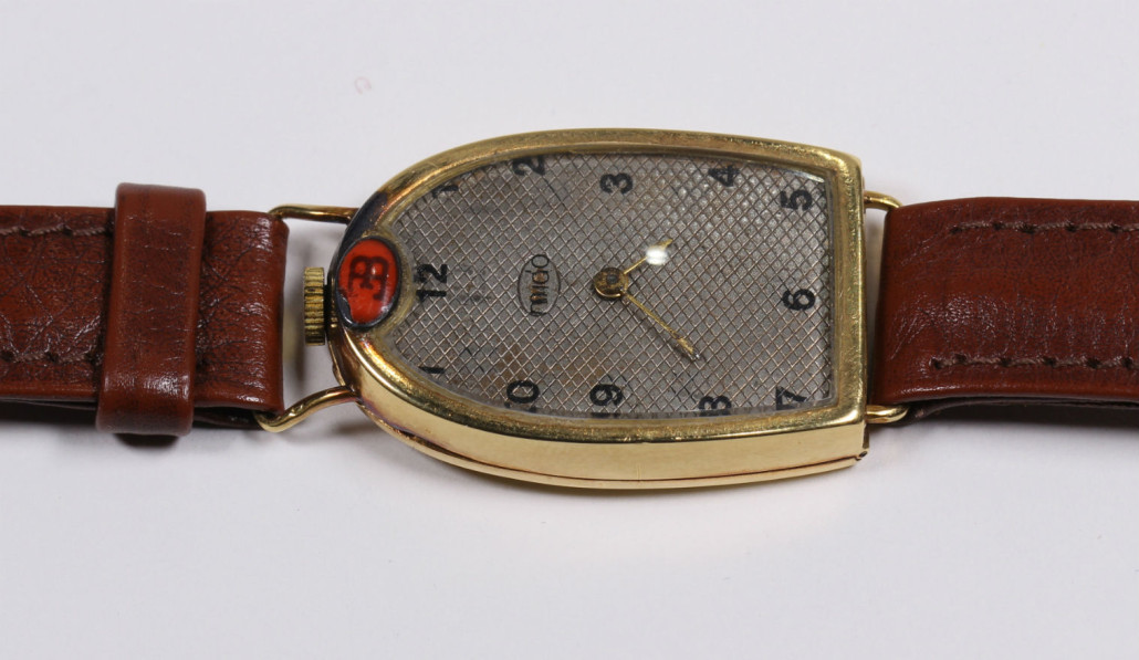 This rare Mido ‘Ettore Bugatti’ 18K gold wristwatch, circa 1925, soared to $18,150. Clars Auction Gallery image 