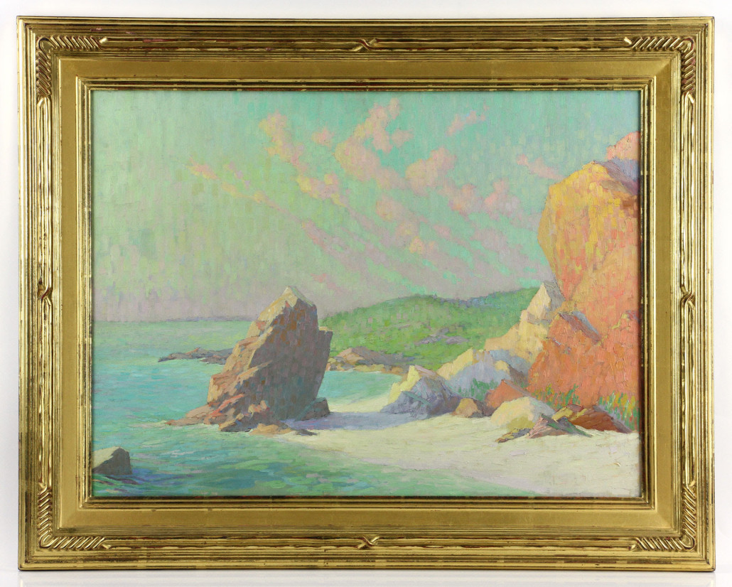 Frank Reed Whiteside (American, 1866-1929) landscape of the California coast in a custom hand-carved frame. Estimate: $3,000-$4,000. Kaminski Auctions image