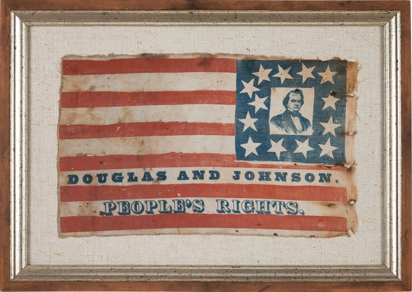 Stephen A. Douglas portrait flag, 13 1/2 x 8 1/2 inches. Price realized: $93,750. Heritage Auctions image