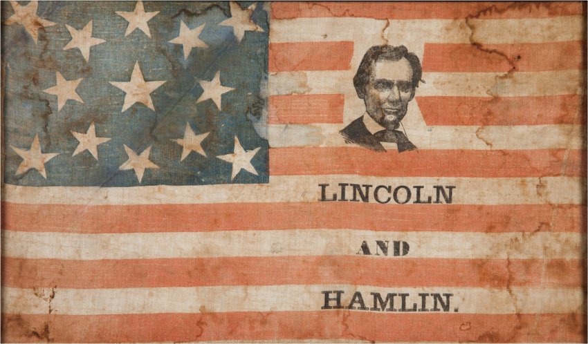 Abraham Lincoln: 1860 beardless portrait campaign flag, cotton, 15 1/4 x 9 inches. Price realized: $75,000. Heritage Auctions image