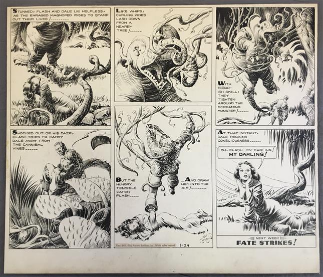 Original Sunday page artwork for the ‘Flash Gordon’ comic strip, done by the illustrator Alex Raymond (1909-1956) and dated 1/24/1937. Price realized: $60,375. Philip Weiss Auctions image