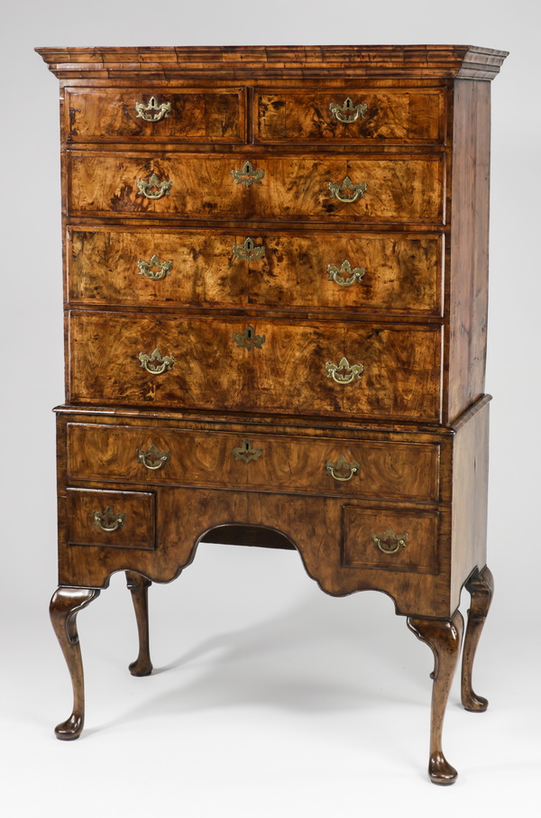 Queen Anne burl highboy, circa 1740, 88 inches high. Great Gatsby’s Auction Gallery image