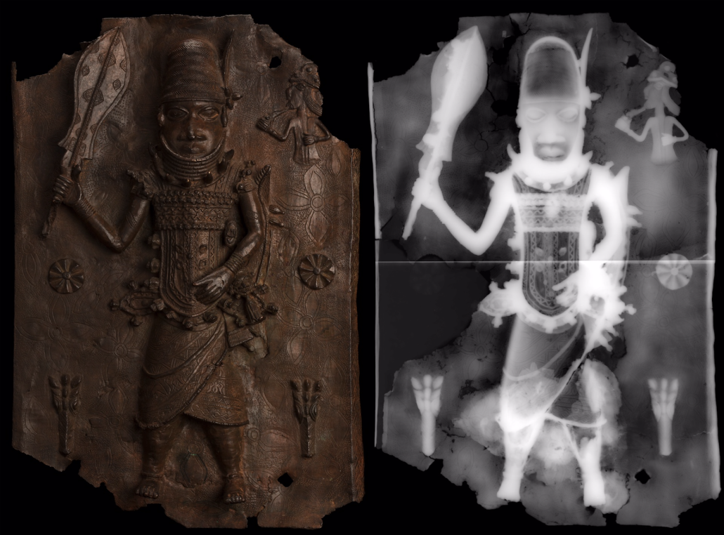 Left: Copper alloy plaque from Benin palace, 16th century, recovered during the Benin Expedition of 1897, ex collection of The British Museum, est. $800,000-$1.2 million; right: composite X-ray of plaque taken by Mark Rasmussen during forensic examination.