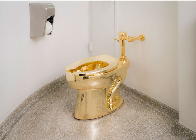 Maurizio Cattelan, solid gold toilet. Image provided by the Solomon R. Guggenheim Museum