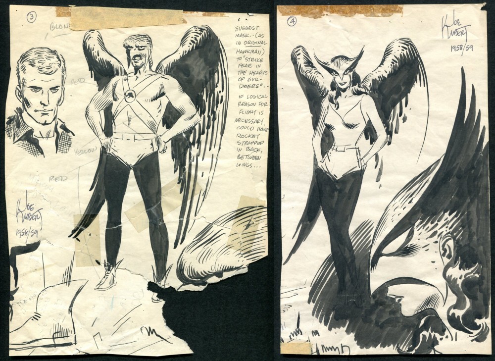 Pair of costume concept drawings of Hawkman and Hawkgirl, drawn by Joe Kubert (1926-2012), dated 1958-59 and sold as one lot. Price realized: $13,800. Philip Weiss Auctions image 
