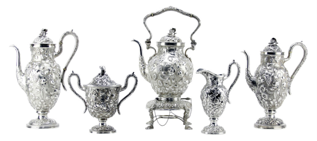 Five-piece Loring Andrews Co. sterling silver repousse tea and coffee set. Estimate: $8,000-$10,000. Kodner Galleries image