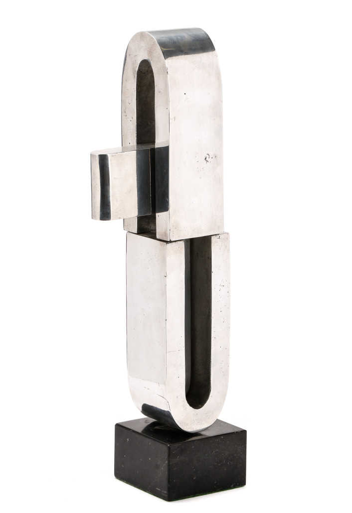 Polished chrome modern abstract sculpture, titled Double U, unsigned but attributed to Mary Preminger (American, 1920-1997), $2,950