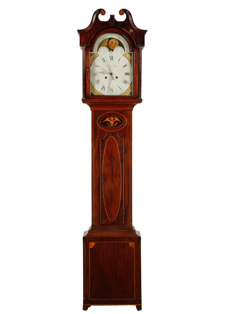 Handsome early 19th-century mahogany tall-case clock made by Jacob Eby (1776-1828) of Manheim, Pa., $10,620