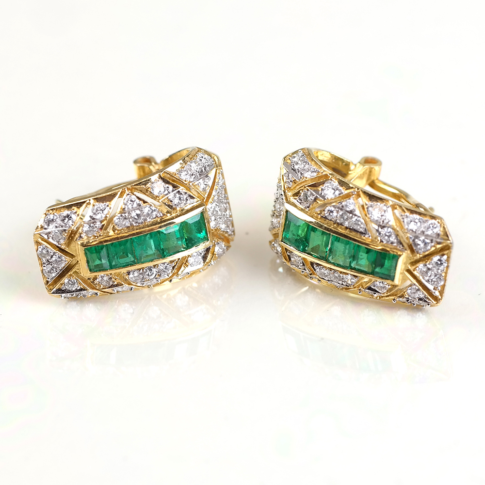18K gold, diamond and emerald earrings