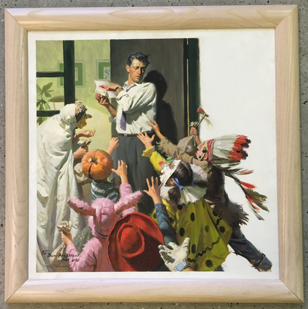 Original oil on board Halloween-themed illustration by Tom Lovell (1909-1997), signed on the back and inscribed lower left. Price realized: $21,900. Philip Weiss Auctions image