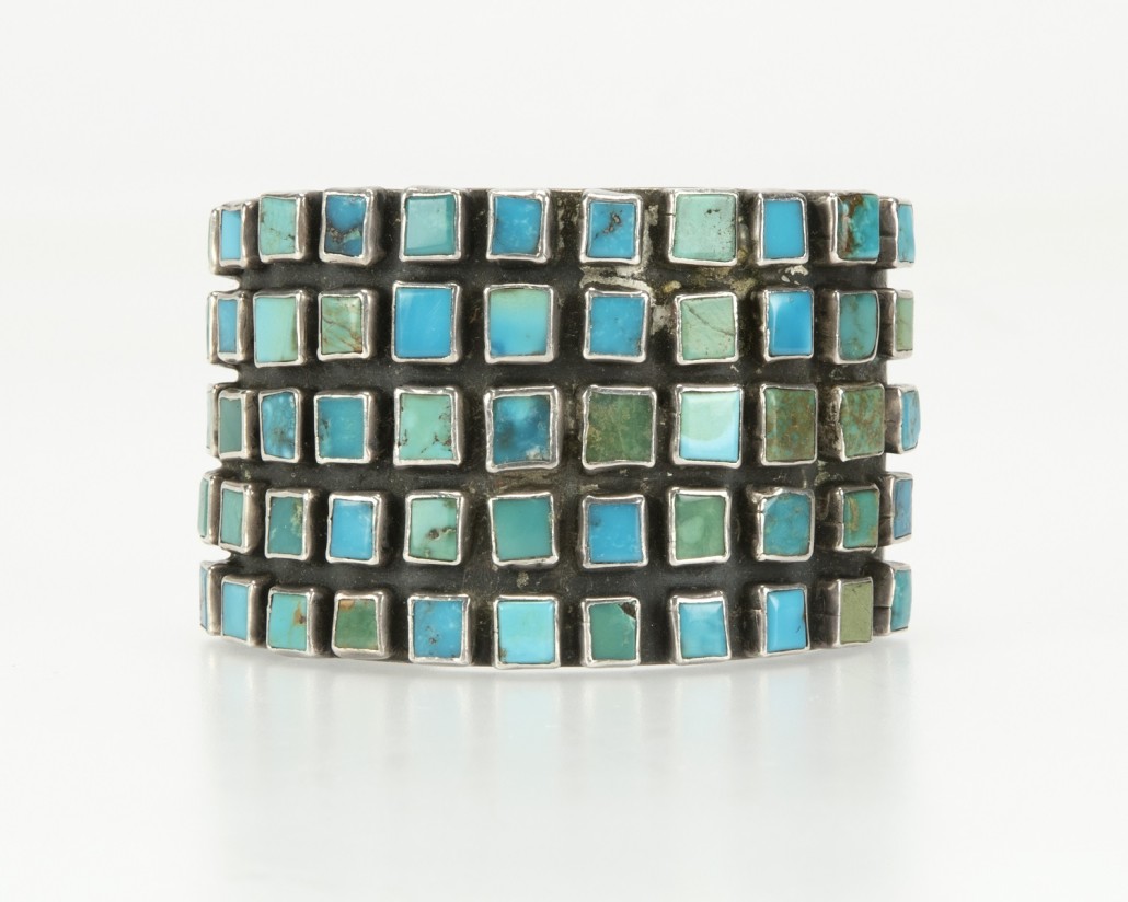 This Hopi turquoise-set silver cuff achieved $3,300, thanks to competition between multiple online bidders. John Moran Auctioneers image 