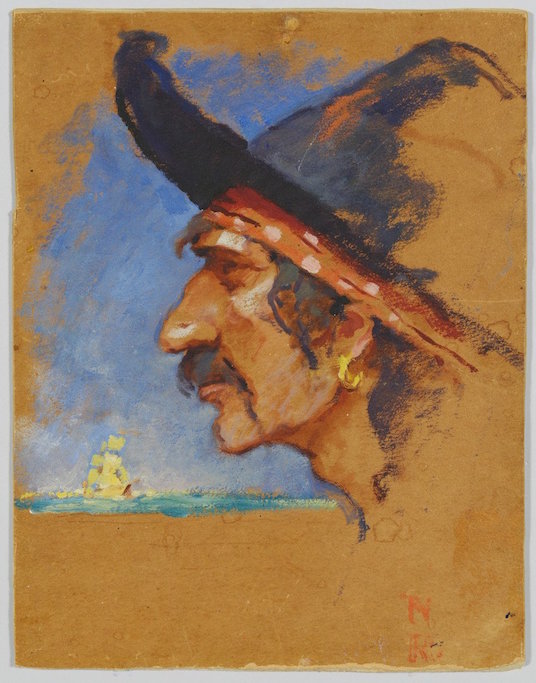 Norman Rockwell (American, 1894-1978) mixed media on paper (oil/gouache) illustration of a pirate with ship vignette to the right side. Red monogrammed signature lower right. Sold for $11,000