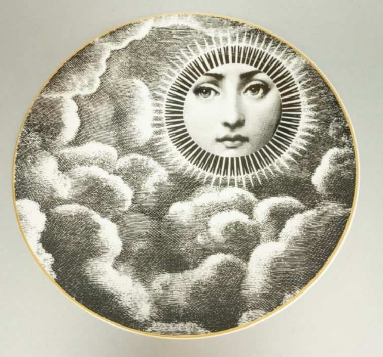 Inspired by a photo of the Italian soprano Lina Cavalieri (1875-1944), Fornasetti created hundreds of porcelain plates – a series he called ‘Tema e Variazioni’ – decorated with surrealistic and trompe l’oeil variations on her beautiful face. The plates turn up frequently at sales and remain an affordable approach to the designer. Courtesy Uniques.