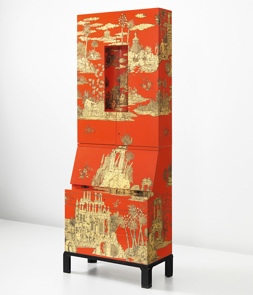 This illuminated trumeau with writing surface and drawers below is covered with an exotic ‘Gran Coromandel’ scene in gold on a red ground. One of a production of five, the work is marked with the artist’s logo and Fornasetti/Milano inside the top drawer. Courtesy Phillips