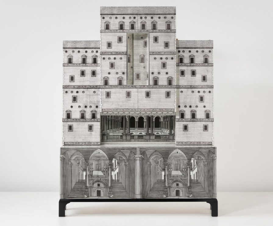 Fornasetti designed a brilliant construction for the bedroom in this trompe l’oeil ‘Architettura’ double trumeau. The case piece with transfer-printed decoration was commissioned from the firm’s Milan store in 1966. Courtesy Phillips