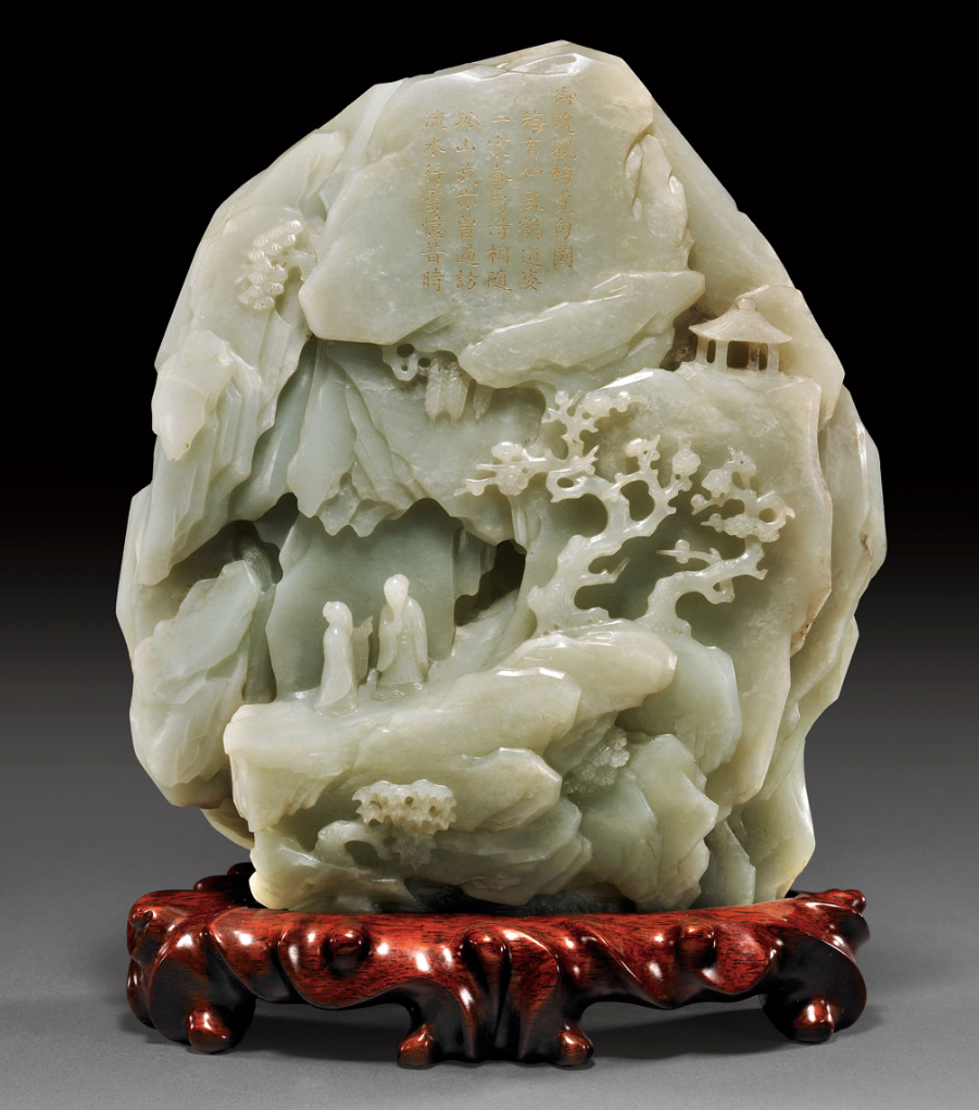 This Imperial Chinese whitish-celadon jade mountain, early 18th century, sold for $195,200 at I.M. Chait, Beverly Hills, in 2009. The scene of two sages on a pathway near plum blossom trees beneath an incised and gilt poem would have been an object of contemplation in a scholar’s study. Courtesy: I.M. Chait