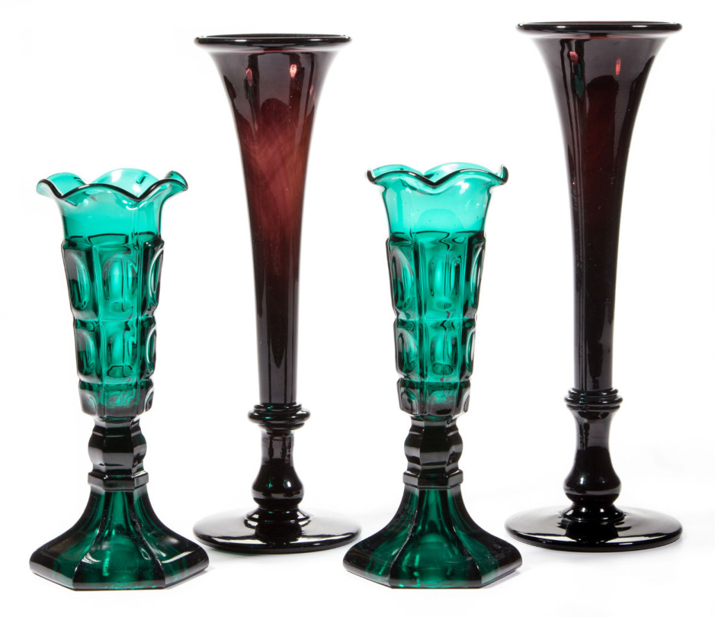 Sample of colored pressed flint and blown vases. Jeffrey S. Evans & Associates image