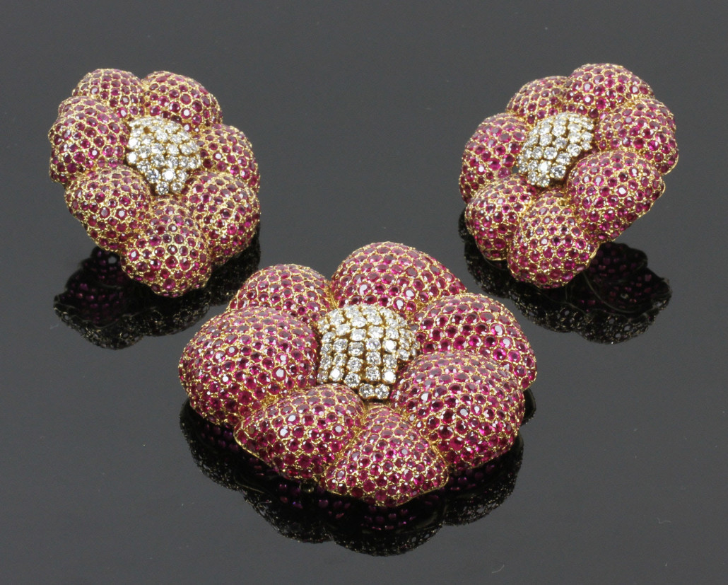 Viviane Debbas signed 18K gold, ruby and diamond  jewelry suite valued at $10,000-$15,000. Kaminski Auctions image