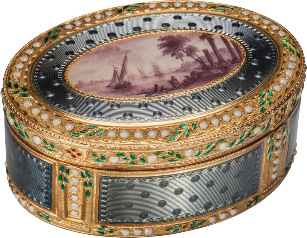 Swiss enameled 18K gold snuff box with harbor scene, circa 1790. Estimate: $30,000-$50,000. Heritage Auctions image