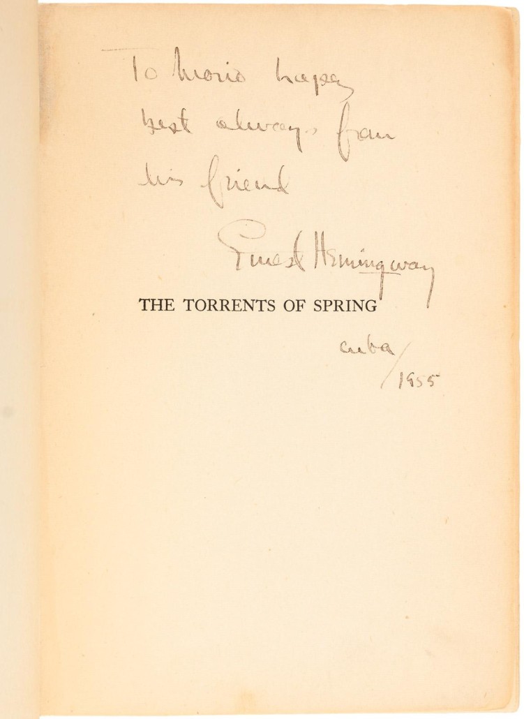 Ernest Hemingway inscribed the title page of a copy of his first novel, 'The Torrents of Spring. PBA Galleries image 