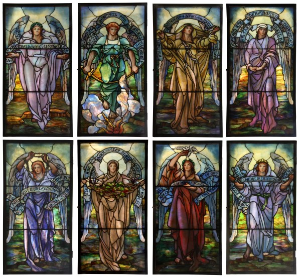 This set of Tiffany Studios depicting the ‘Eight Beatitudes’ (Matthew 5:3-12) sold for $356,950. Fontaine’s Auction Gallery image