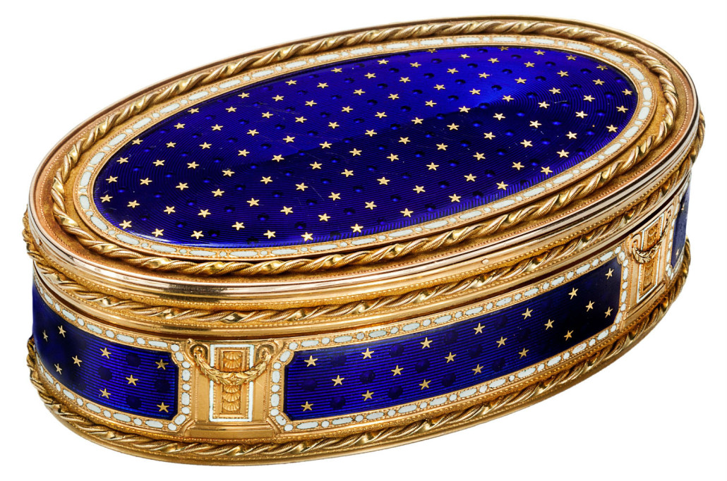 Rare and important Christian Maas Swedish 20K gold and enameled snuffbox, by repute from the collection of a royal family, Stockholm, Sweden, circa 1786. Estimate: $70,000-$90,000. Heritage Auctions image 