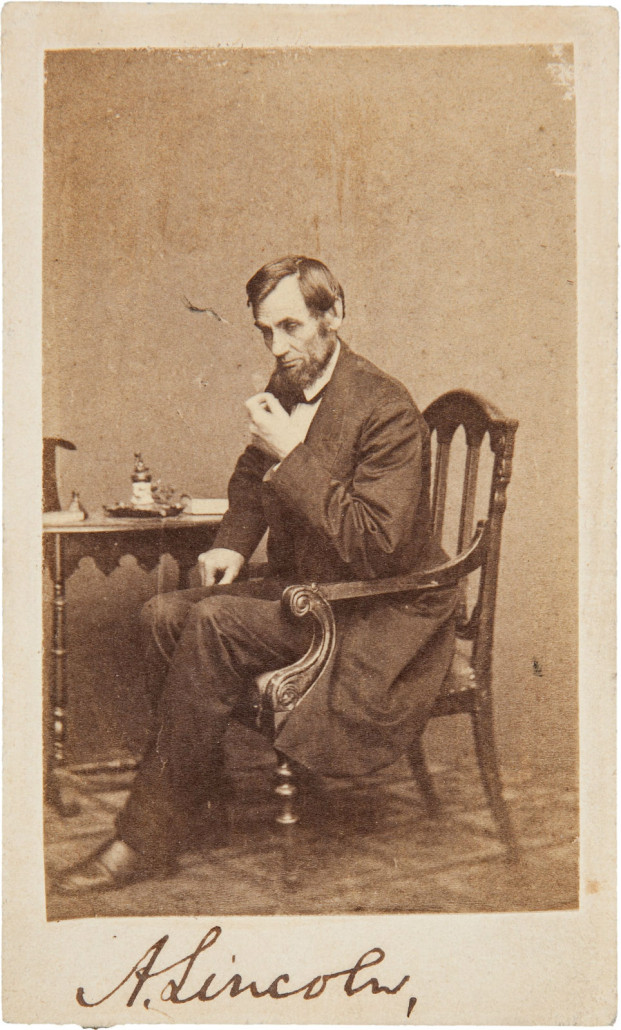 Abraham Lincoln signed carte-de-visite taken by Mathew Brady in Washington, D.C. sometime in 1862. Price realized: $175,000. Heritage Auctions image 