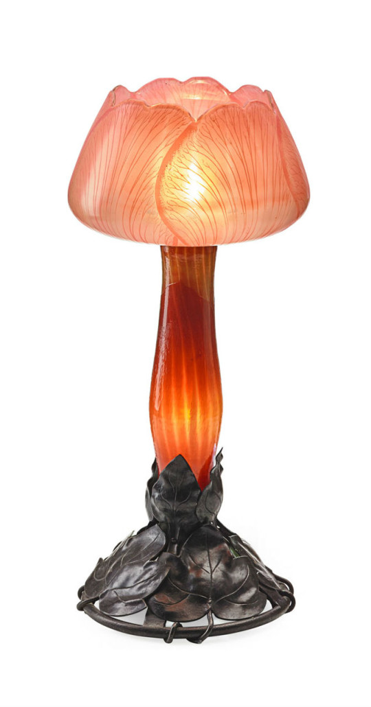 Signed Gallé Lotus table lamp, circa 1900, acid-etched cameo glass, 20 inches. Estimate: $75,000-$85,000. Rago Arts and Auction Center. Rago Arts and Auction Center image