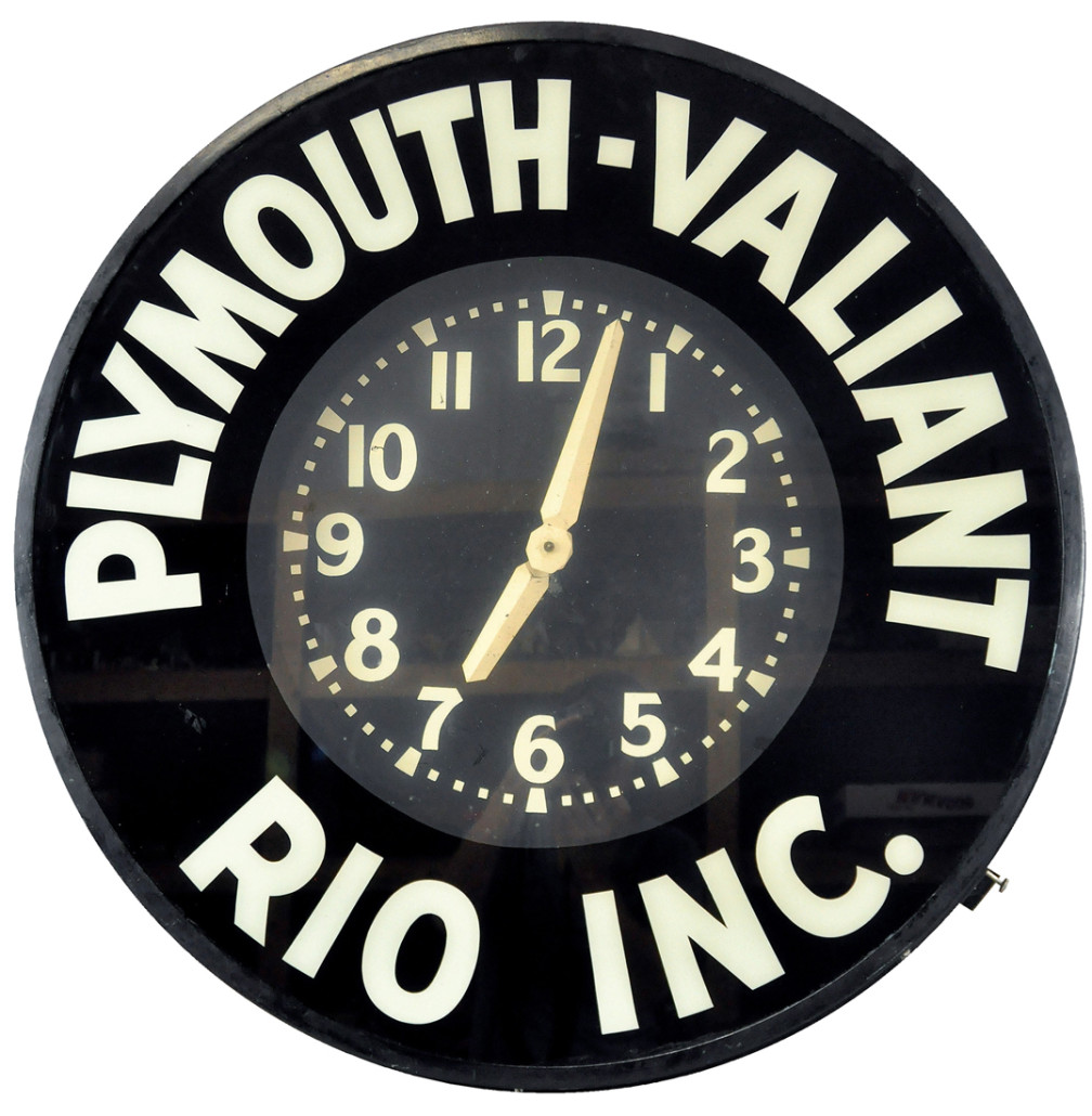 Rio back-lit clock advertising Plymouth Valiant, est. $900-$1,300